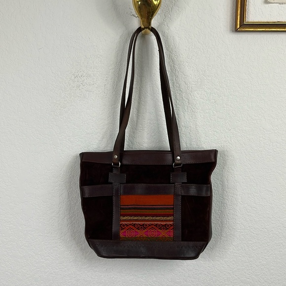 Bolivian Suede Leather Stamped Tapestry Bucket Shoulder Tote Bag - Picture 2 of 9